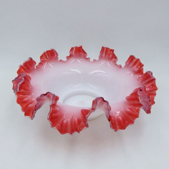 Victorian Brides Basket Bowl Cranberry Pink White Milk Glass Ruffled Rim 11 Inch - Picture 4 of 10